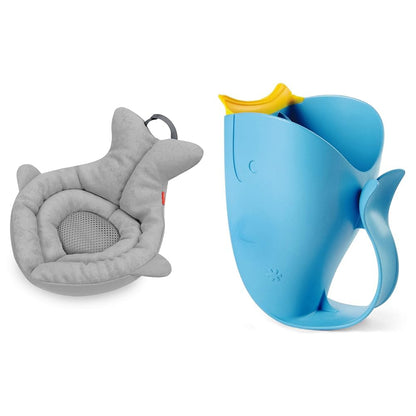 Soft Sink Baby Bath Tub and Rinse Cup Bundle, Moby Grey Whale Tub with Blue Waterfall Rinser