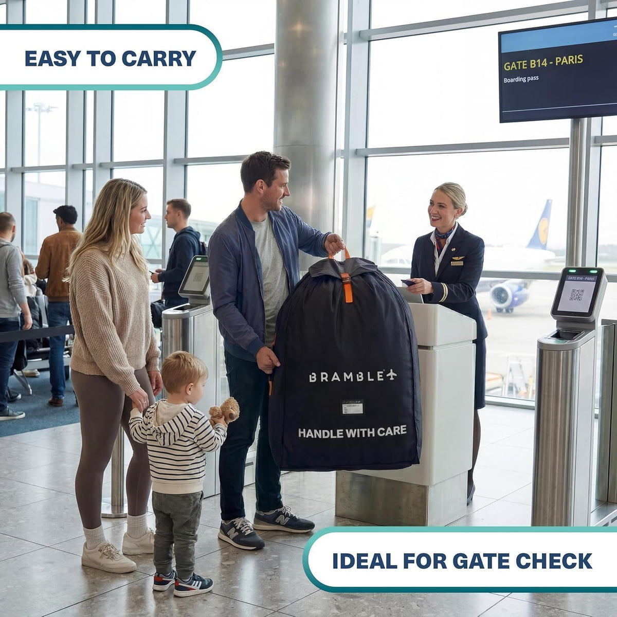 Stroller Bag for Airplane Gate Check - Water Resistant Ballistic Nylon Travel Bag with Padded Neoprene Straps, Carry Pouch & ID Window - 35 x 24 x 14 Inches (Black)