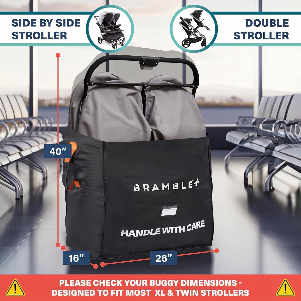 Stroller Bag for Airplane Gate Check - Water Resistant Ballistic Nylon Travel Bag with Padded Neoprene Straps, Carry Pouch & ID Window - 35 x 24 x 14 Inches (Black)
