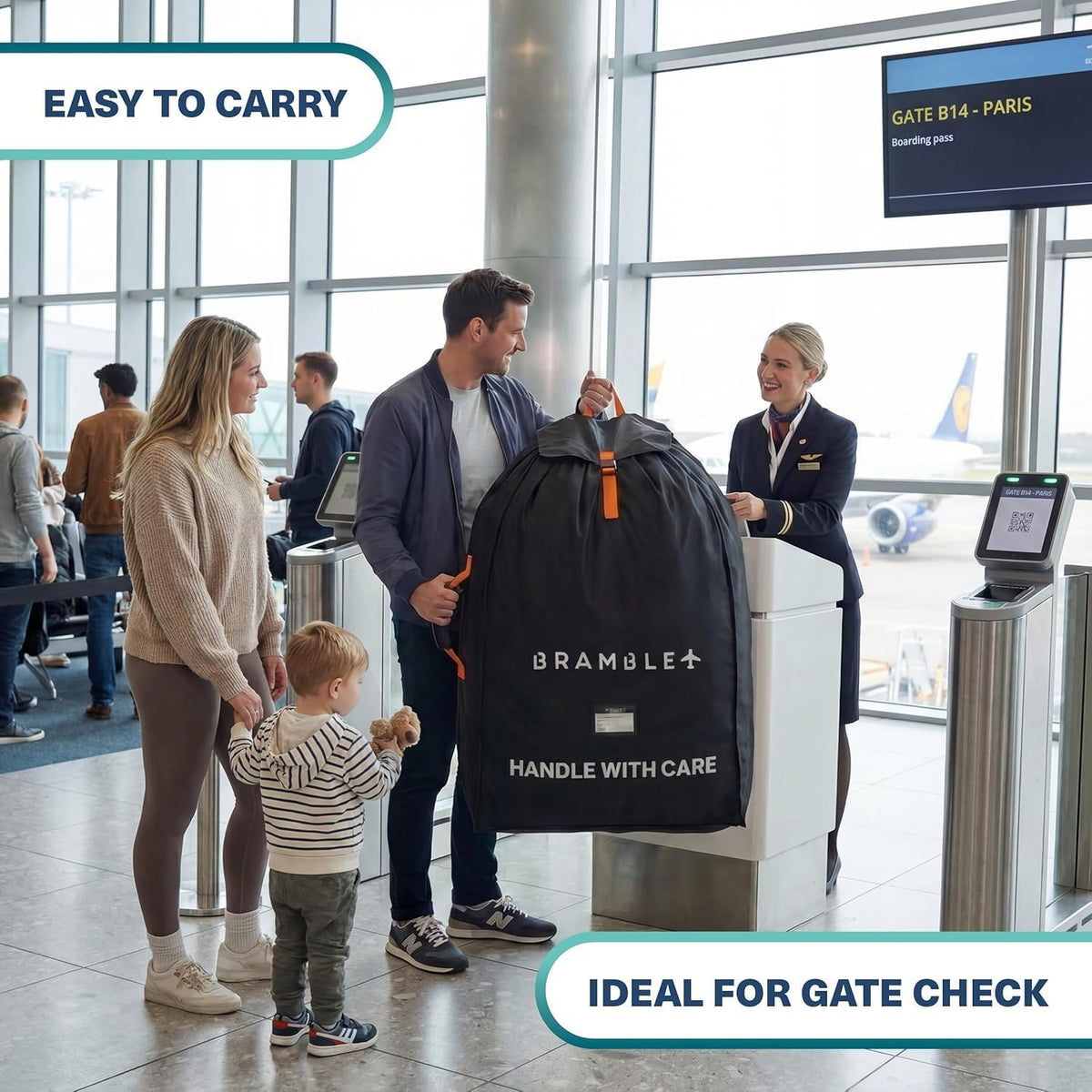Stroller Bag for Airplane Gate Check - Water Resistant Ballistic Nylon Travel Bag with Padded Neoprene Straps, Carry Pouch & ID Window - 35 x 24 x 14 Inches (Black)