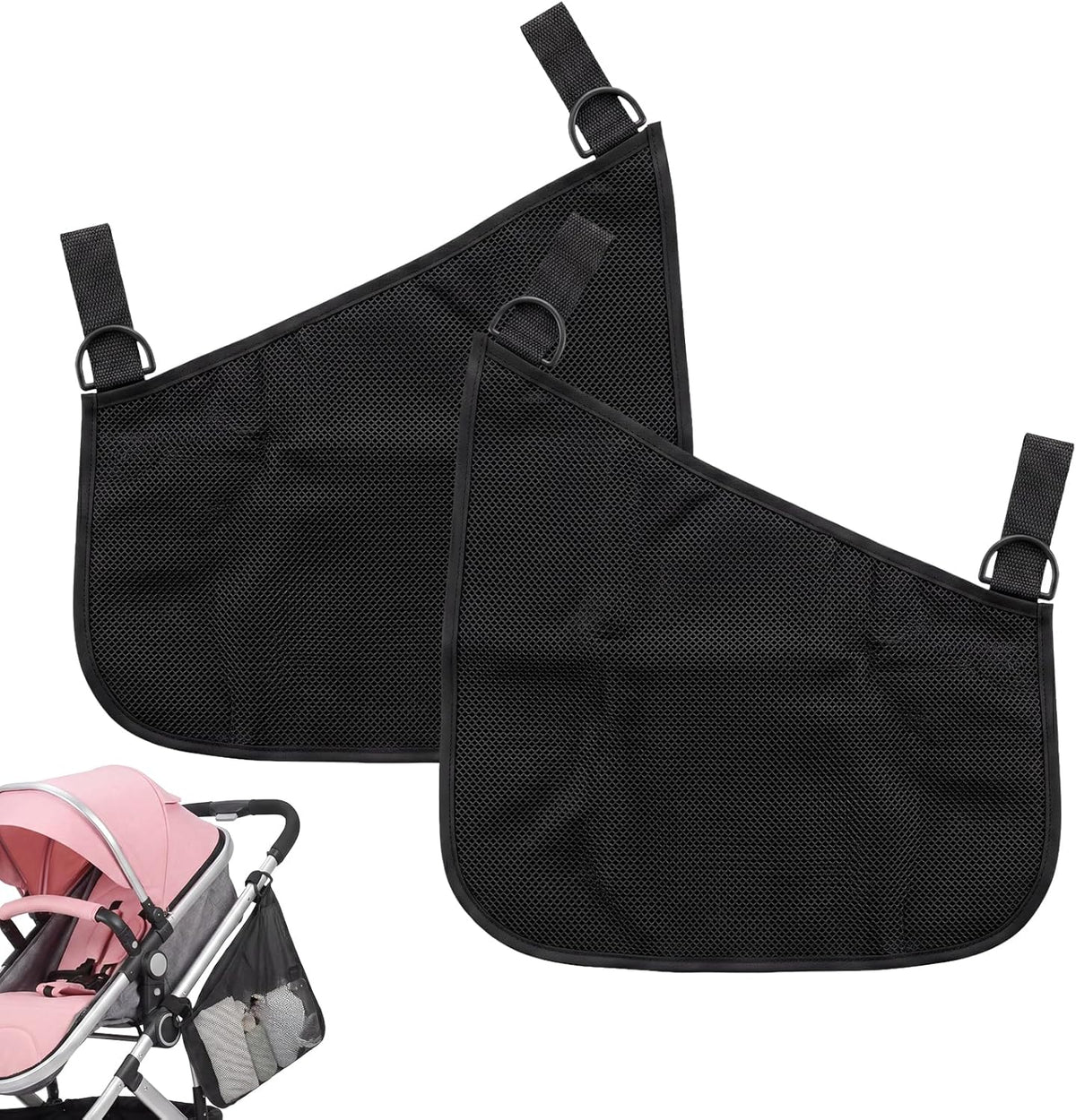 2 PCS Universal Stroller Side Sling Bag, Portable Stroller Side Bag, Adjustable Strollers Cargo Net for Pram, Pushchair, Car Seat, Black