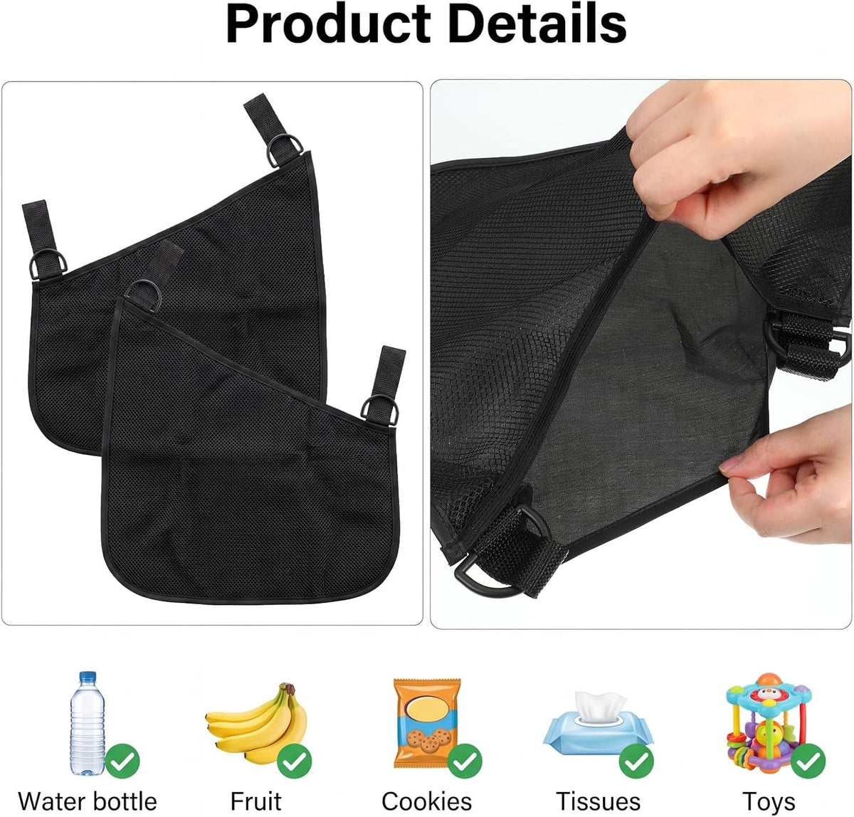 2 PCS Universal Stroller Side Sling Bag, Portable Stroller Side Bag, Adjustable Strollers Cargo Net for Pram, Pushchair, Car Seat, Black