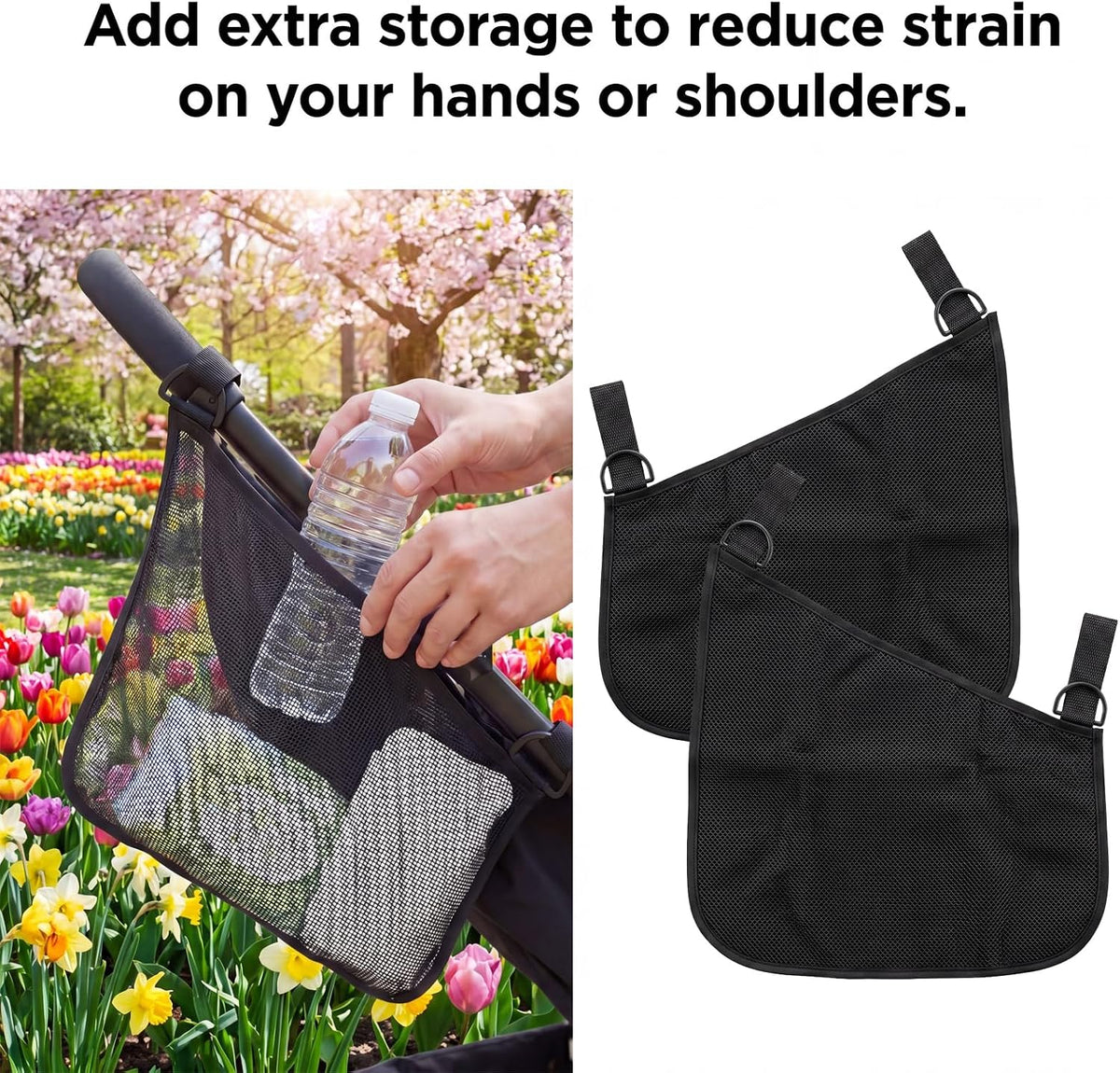 2 PCS Universal Stroller Side Sling Bag, Portable Stroller Side Bag, Adjustable Strollers Cargo Net for Pram, Pushchair, Car Seat, Black