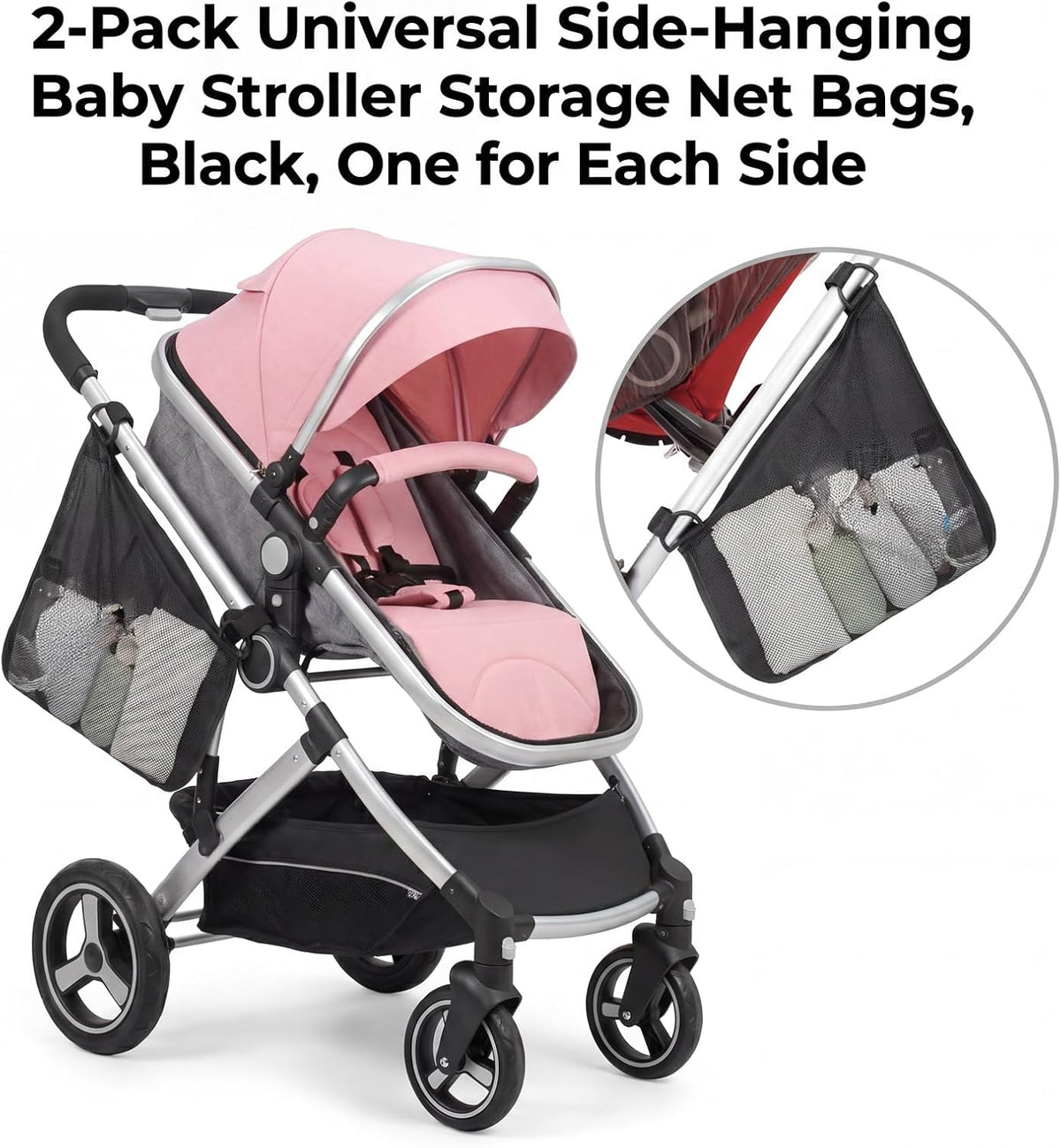 2 PCS Universal Stroller Side Sling Bag, Portable Stroller Side Bag, Adjustable Strollers Cargo Net for Pram, Pushchair, Car Seat, Black
