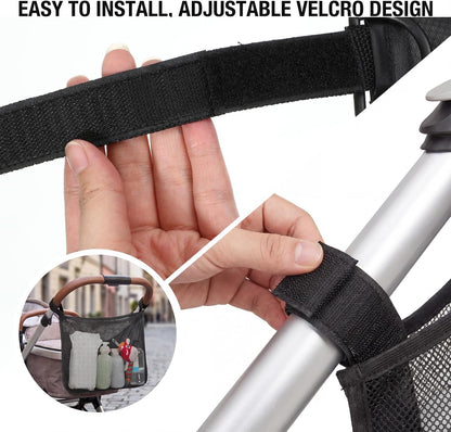 2 PCS Universal Stroller Side Sling Bag, Portable Stroller Side Bag, Adjustable Strollers Cargo Net for Pram, Pushchair, Car Seat, Black