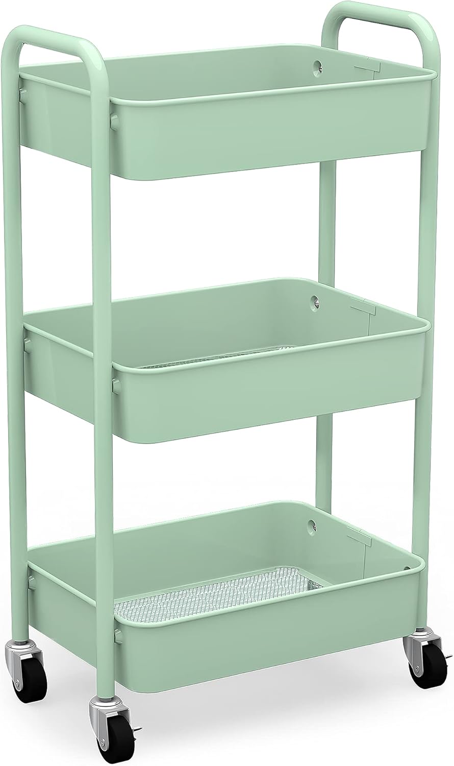 CAXXA 3-Tier Rolling Metal Storage Organizer - Mobile Utility Cart with Caster Wheels, Pink