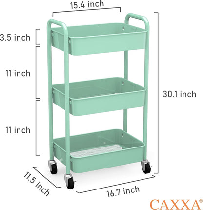 CAXXA 3-Tier Rolling Metal Storage Organizer - Mobile Utility Cart with Caster Wheels, Pink