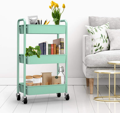 CAXXA 3-Tier Rolling Metal Storage Organizer - Mobile Utility Cart with Caster Wheels, Pink