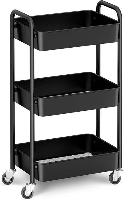 CAXXA 3-Tier Rolling Metal Storage Organizer - Mobile Utility Cart with Caster Wheels, Pink