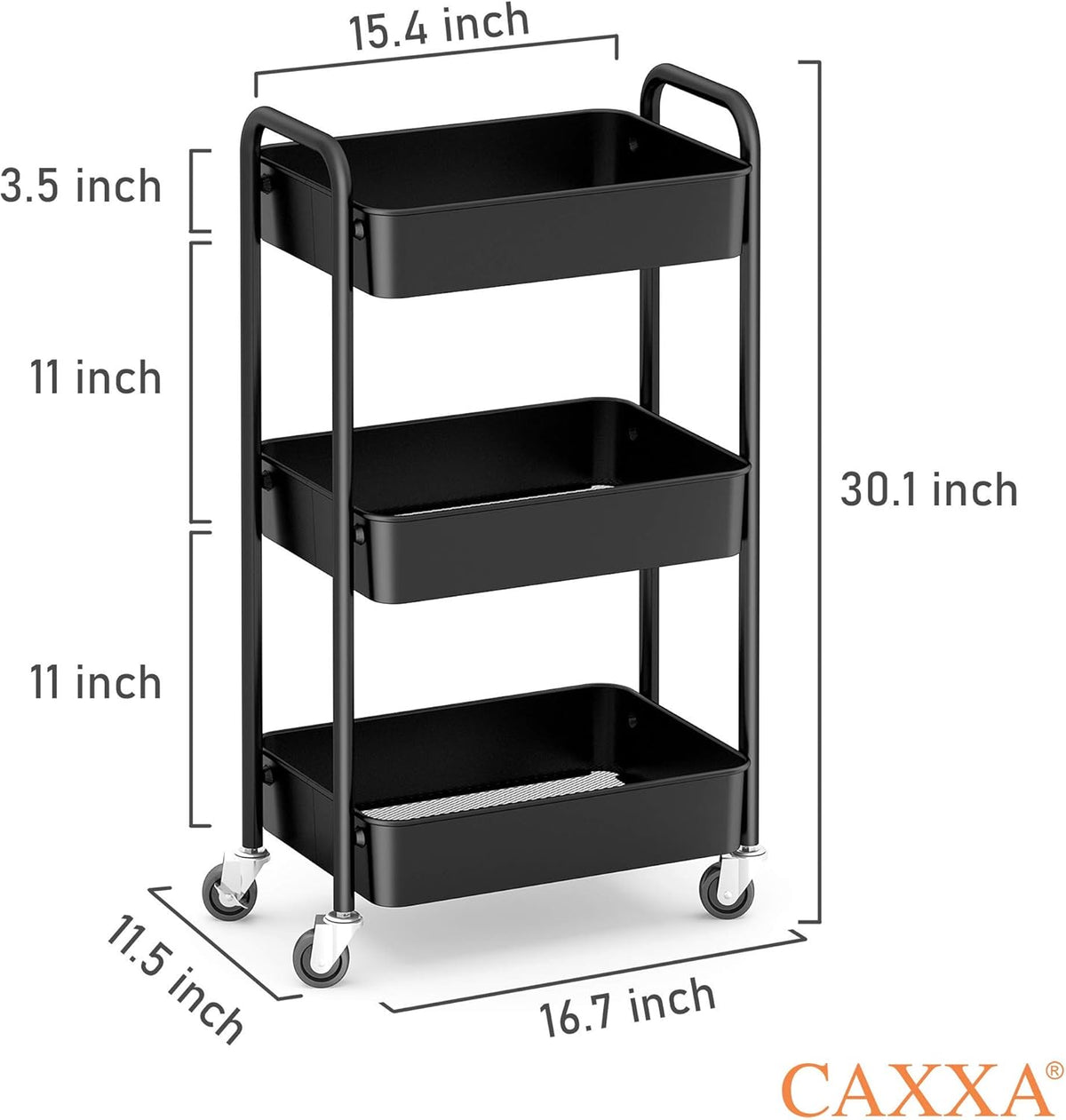 CAXXA 3-Tier Rolling Metal Storage Organizer - Mobile Utility Cart with Caster Wheels, Pink
