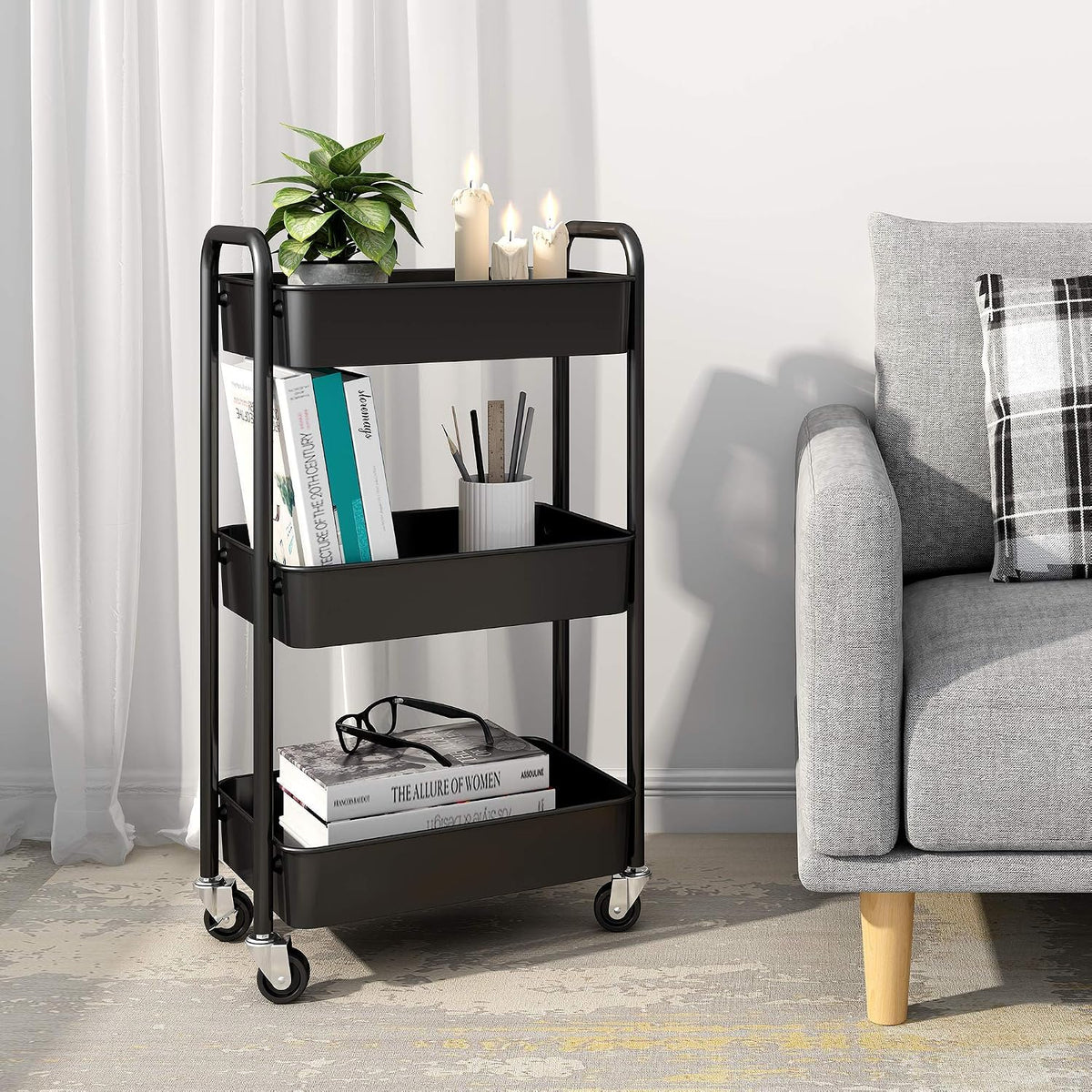 CAXXA 3-Tier Rolling Metal Storage Organizer - Mobile Utility Cart with Caster Wheels, Pink