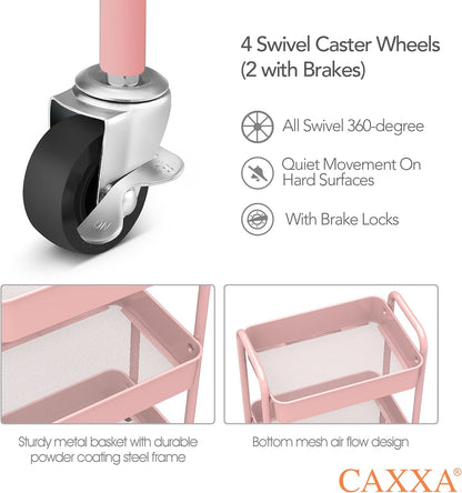 CAXXA 3-Tier Rolling Metal Storage Organizer - Mobile Utility Cart with Caster Wheels, Pink