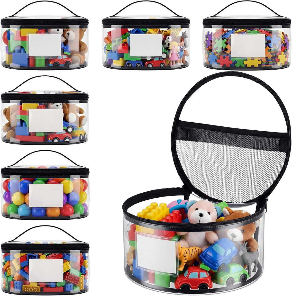 6 Pcs Round Clear Toy Storage Bag with Handle PVC Cylinder Storage Bags with Label Pocket Waterproof Toys Organizer Bags for Building Blocks Puzzles & Game Pieces Portable Toy Tote