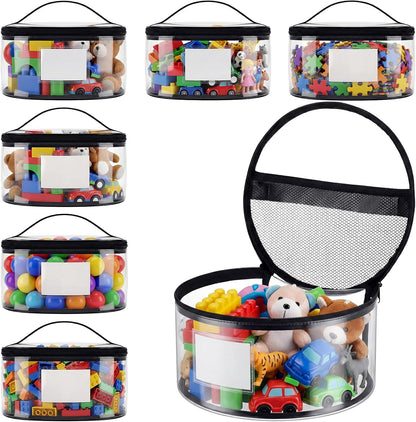 6 Pcs Round Clear Toy Storage Bag with Handle PVC Cylinder Storage Bags with Label Pocket Waterproof Toys Organizer Bags for Building Blocks Puzzles & Game Pieces Portable Toy Tote