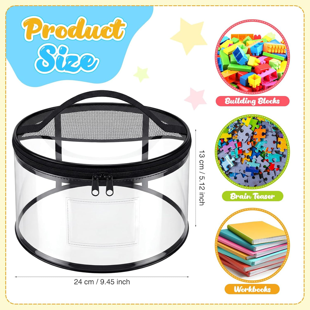6 Pcs Round Clear Toy Storage Bag with Handle PVC Cylinder Storage Bags with Label Pocket Waterproof Toys Organizer Bags for Building Blocks Puzzles & Game Pieces Portable Toy Tote