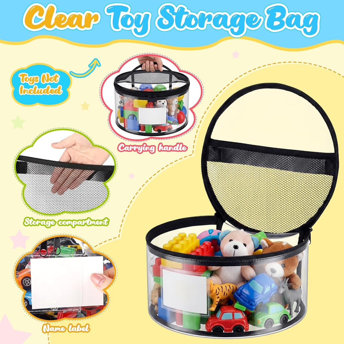 6 Pcs Round Clear Toy Storage Bag with Handle PVC Cylinder Storage Bags with Label Pocket Waterproof Toys Organizer Bags for Building Blocks Puzzles & Game Pieces Portable Toy Tote