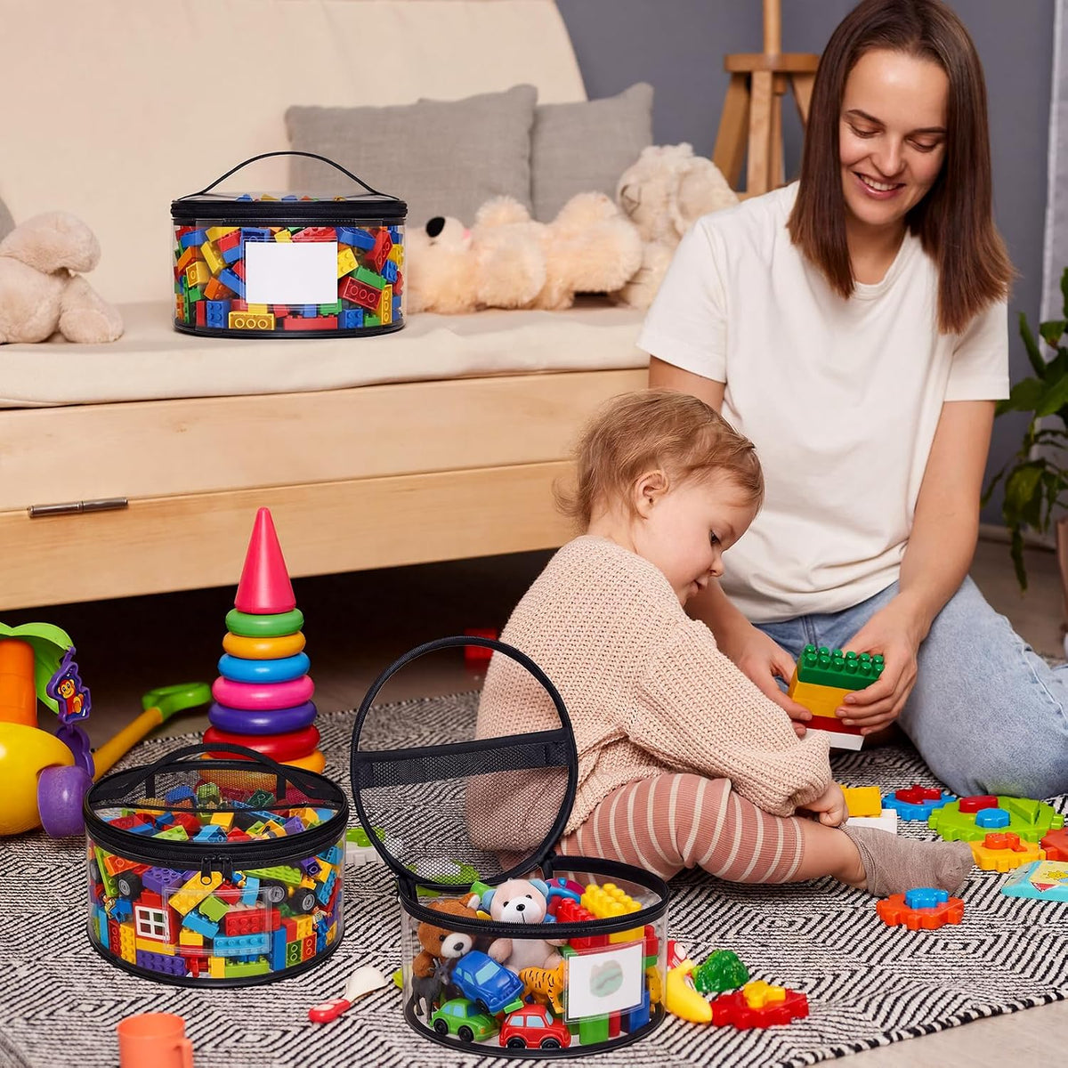 6 Pcs Round Clear Toy Storage Bag with Handle PVC Cylinder Storage Bags with Label Pocket Waterproof Toys Organizer Bags for Building Blocks Puzzles & Game Pieces Portable Toy Tote