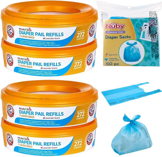 A&H Diaper Pail Refill Rings, 4-Pack Holds Up to 1,088 Diapers Total + 50 Diaper Sacks, Lavender Scent, 7-Layer Bags