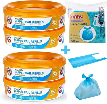 A&H Diaper Pail Refill Rings, 4-Pack Holds Up to 1,088 Diapers Total + 50 Diaper Sacks, Lavender Scent, 7-Layer Bags