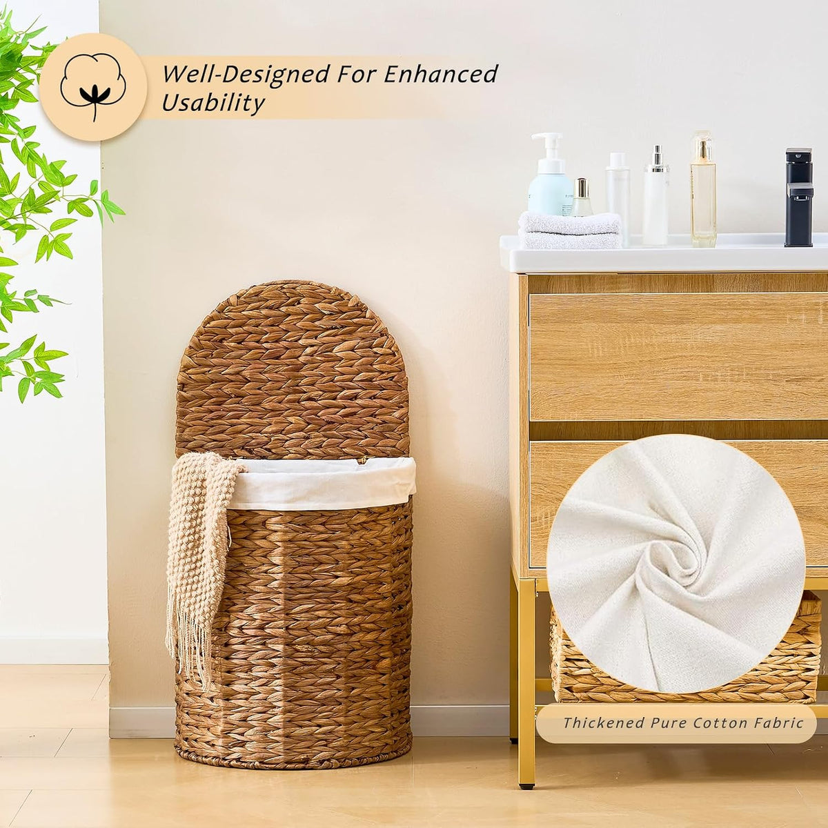 Half Moon Natural Water Hyacinth Laundry Hamper, 120L, Natural