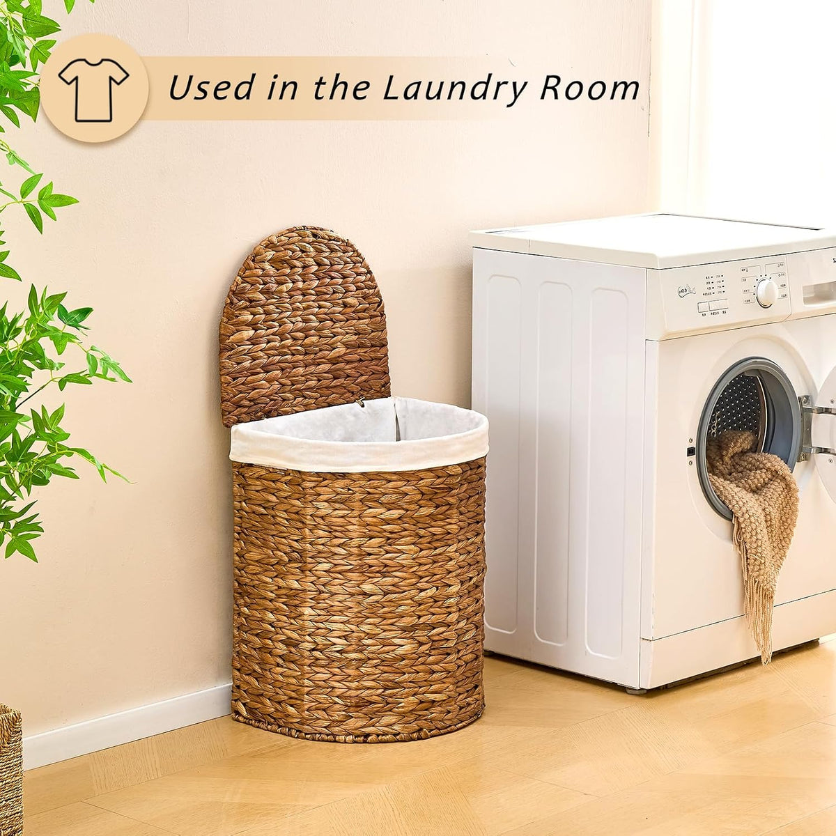 Half Moon Natural Water Hyacinth Laundry Hamper, 120L, Natural
