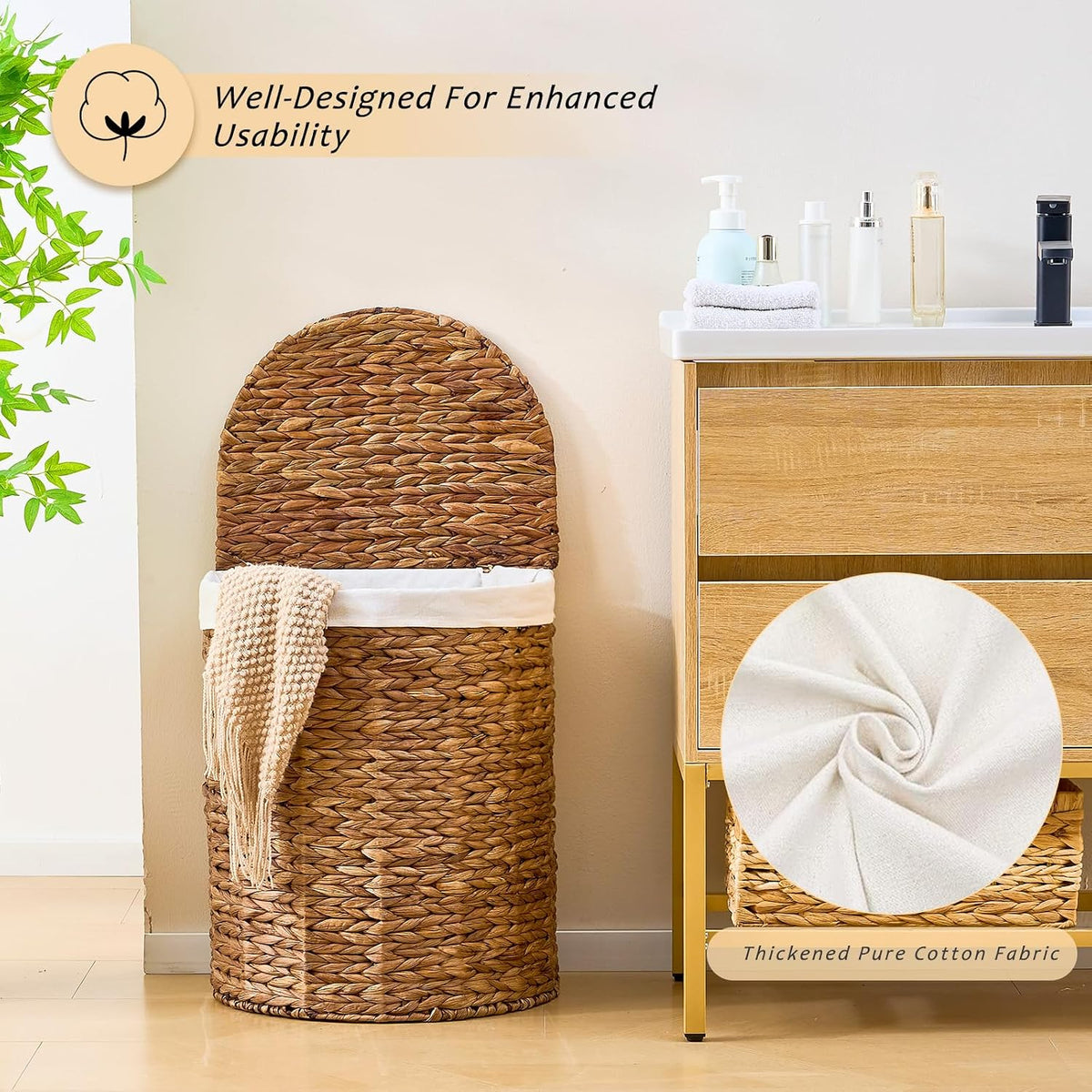 Half Moon Natural Water Hyacinth Laundry Hamper, 120L, Natural