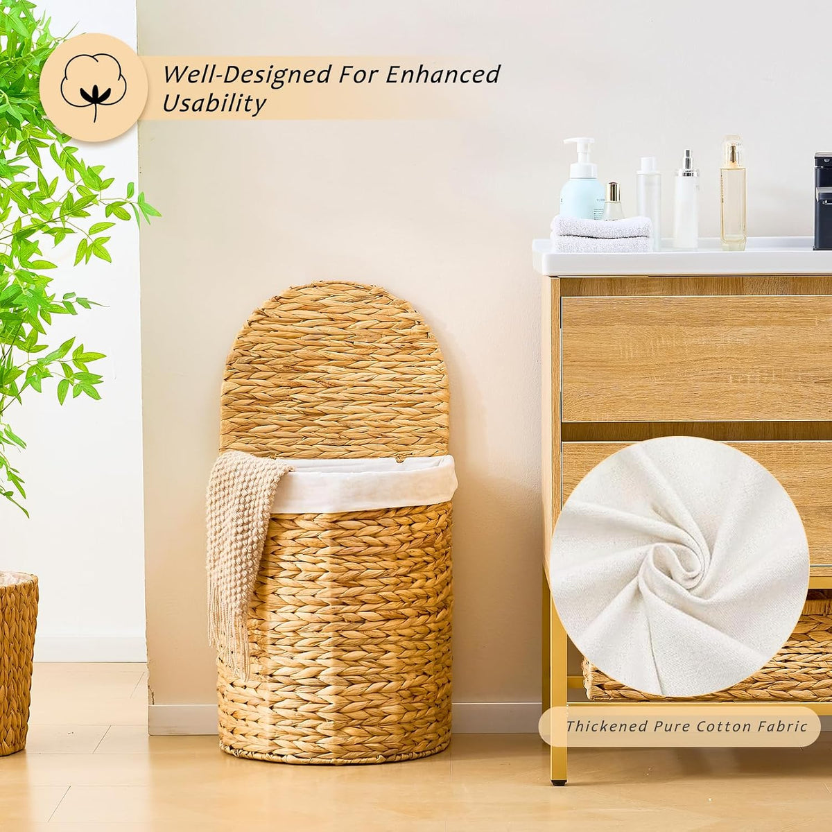 Half Moon Natural Water Hyacinth Laundry Hamper, 120L, Natural