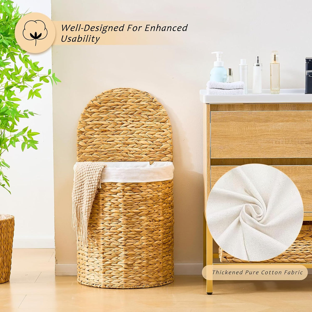 Half Moon Natural Water Hyacinth Laundry Hamper, 120L, Natural