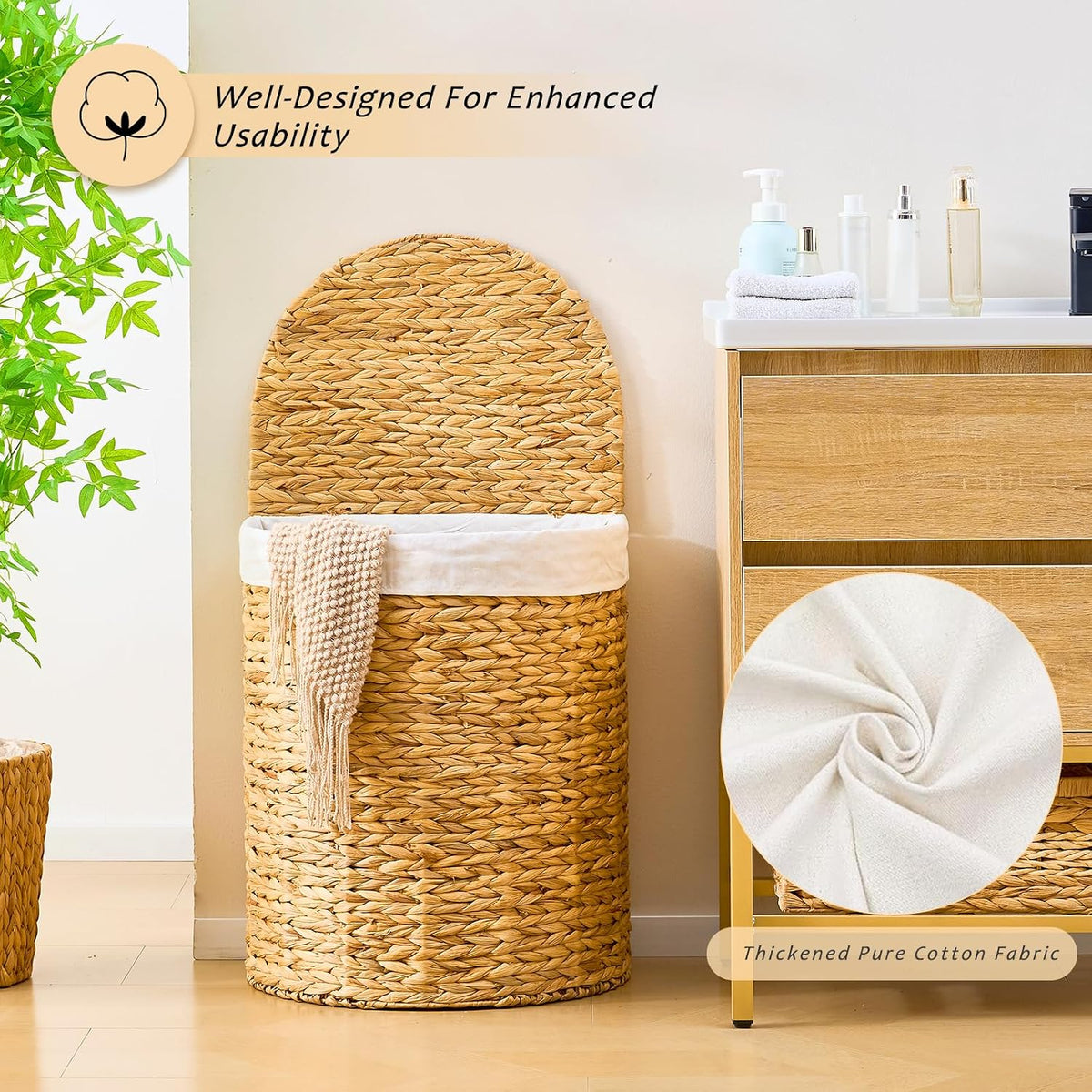 Half Moon Natural Water Hyacinth Laundry Hamper, 120L, Natural