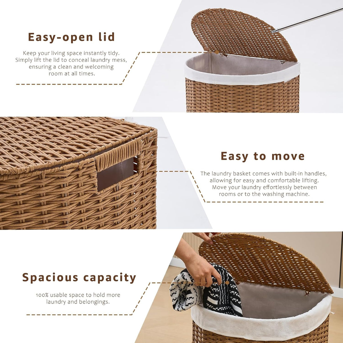 Half Moon Natural Water Hyacinth Laundry Hamper, 120L, Natural
