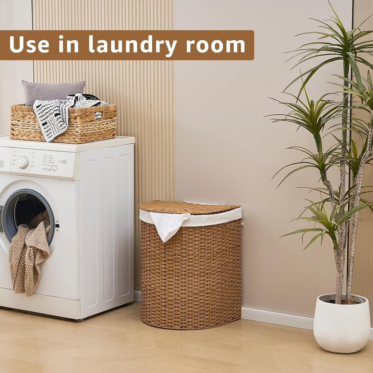Half Moon Natural Water Hyacinth Laundry Hamper, 120L, Natural