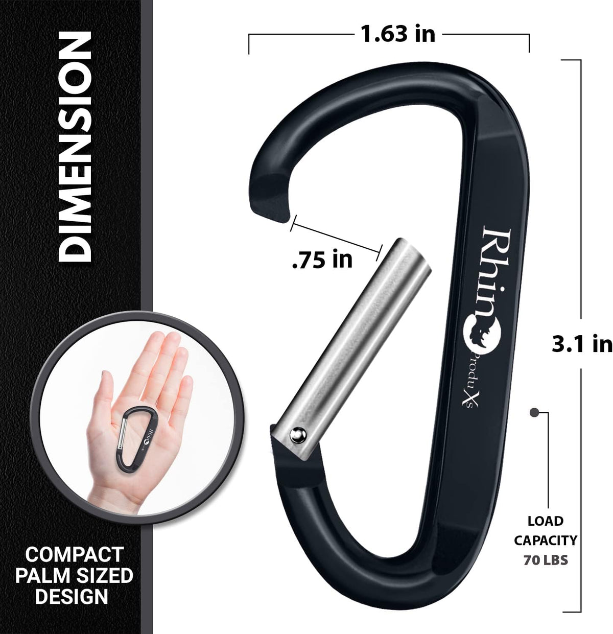 Rhino Produxs 8PCS Lightweight Snap Carabiner Clips, D Ring Shape