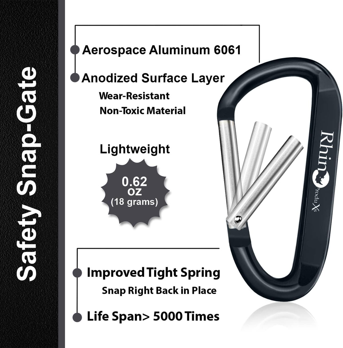 Rhino Produxs 8PCS Lightweight Snap Carabiner Clips, D Ring Shape