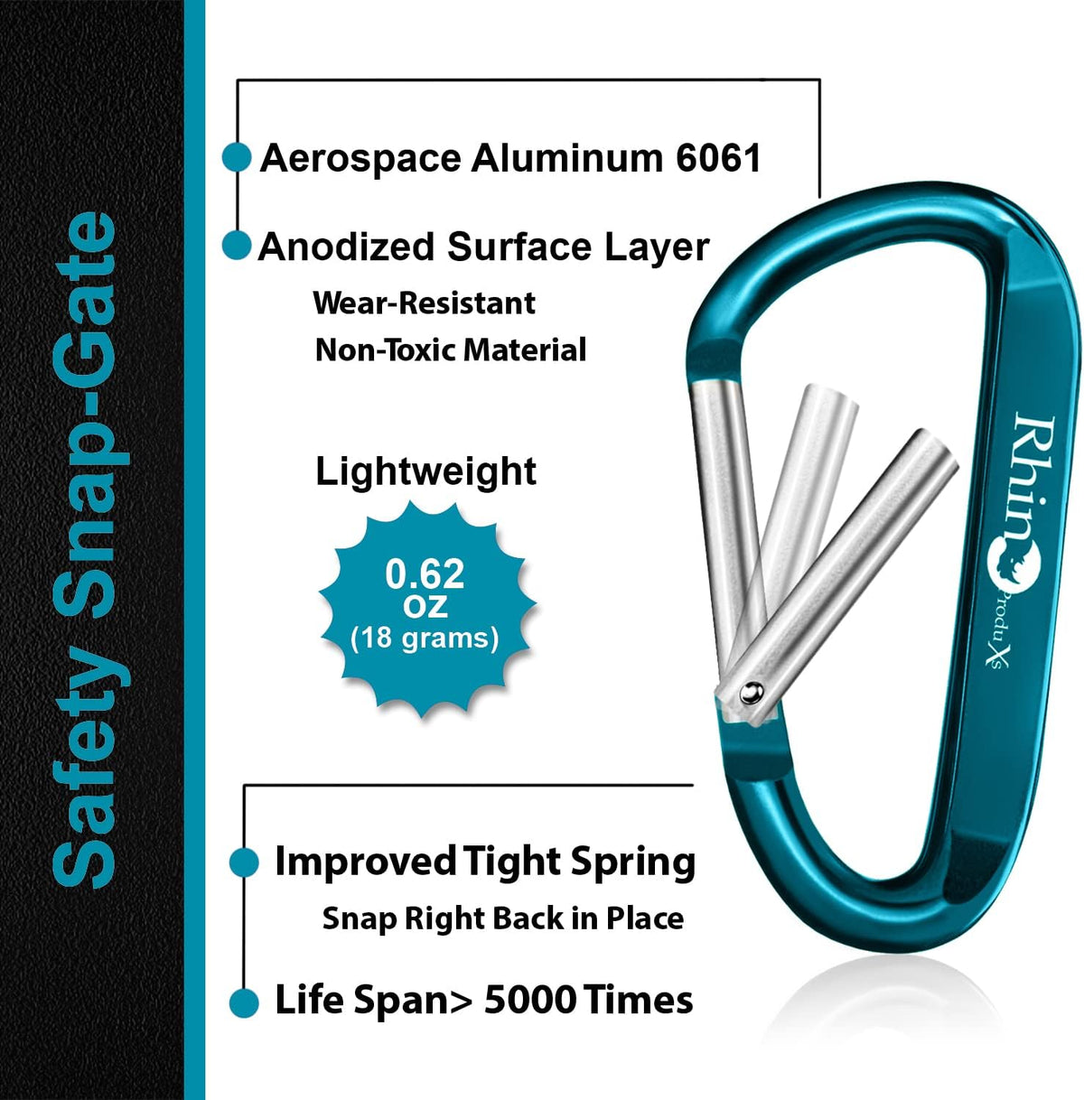 Rhino Produxs 8PCS Lightweight Snap Carabiner Clips, D Ring Shape