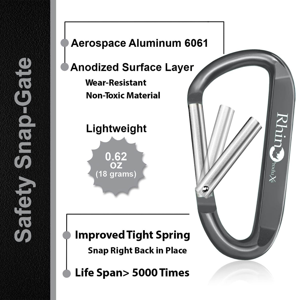 Rhino Produxs 8PCS Lightweight Snap Carabiner Clips, D Ring Shape