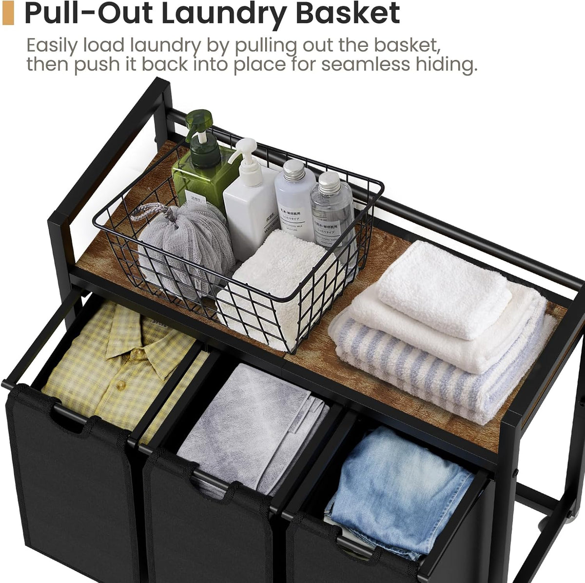 SwaaVee Laundry Sorter, Laundry Hamper 3 Section, 3×11.4Gal, Metal Frame Rolling Laundry Basket with Wooden Top Shelf, Pull out and Removable Laundry Bags, 3 Bags-Black