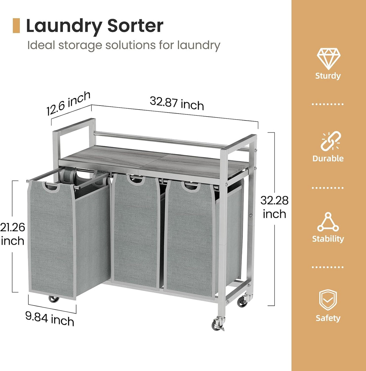 SwaaVee Laundry Sorter, Laundry Hamper 3 Section, 3×11.4Gal, Metal Frame Rolling Laundry Basket with Wooden Top Shelf, Pull out and Removable Laundry Bags, 3 Bags-Black