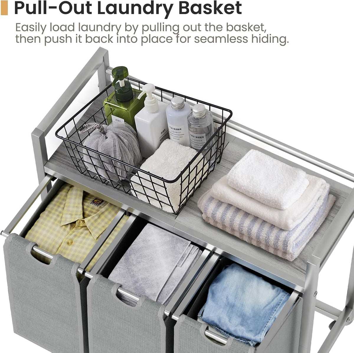 SwaaVee Laundry Sorter, Laundry Hamper 3 Section, 3×11.4Gal, Metal Frame Rolling Laundry Basket with Wooden Top Shelf, Pull out and Removable Laundry Bags, 3 Bags-Black