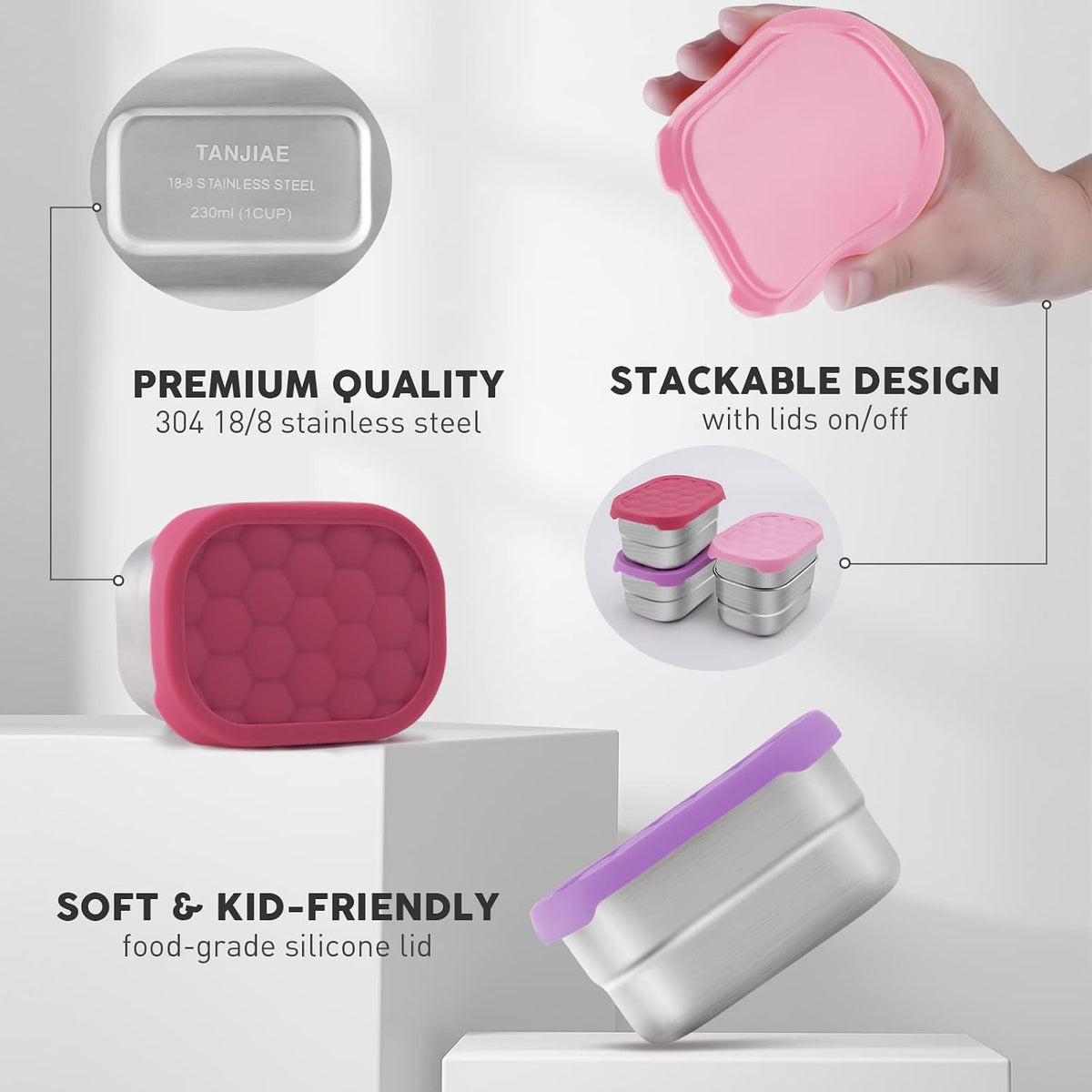 8oz Small (1 CUP) Stainless Steel Snack Containers for Kids | Reusable Easy Open Toddler Snack Containers with Silicone Lids | Stackable Toddler Lunch Box for Daycare, School and Travel