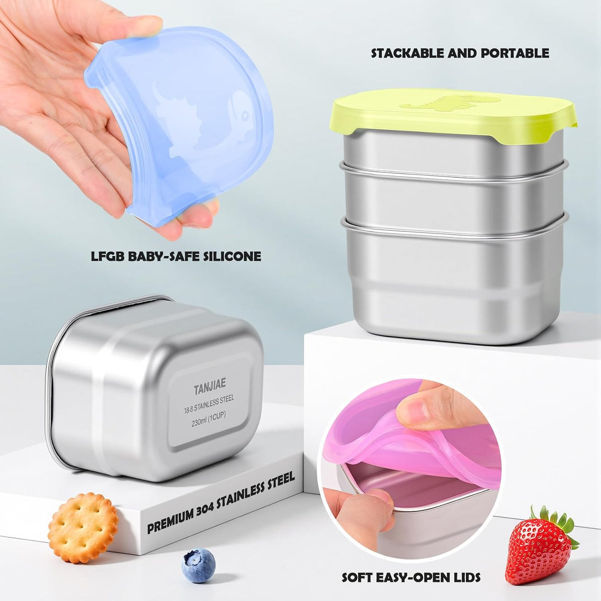 8oz Small (1 CUP) Stainless Steel Snack Containers for Kids | Reusable Easy Open Toddler Snack Containers with Silicone Lids | Stackable Toddler Lunch Box for Daycare, School and Travel