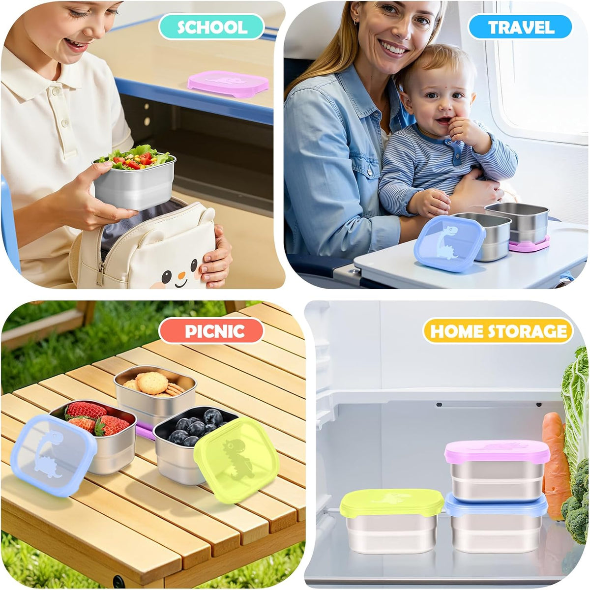 8oz Small (1 CUP) Stainless Steel Snack Containers for Kids | Reusable Easy Open Toddler Snack Containers with Silicone Lids | Stackable Toddler Lunch Box for Daycare, School and Travel