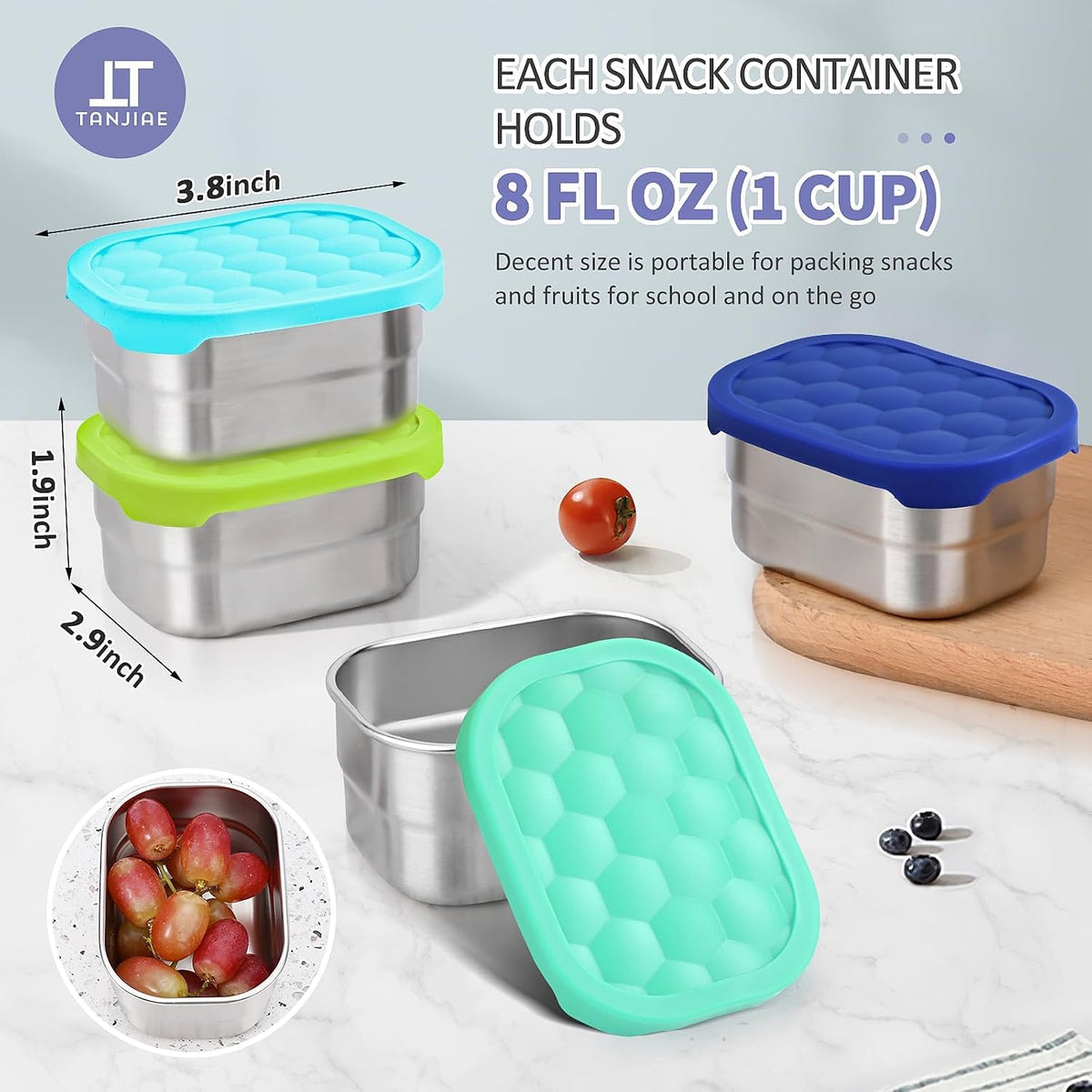 8oz Small (1 CUP) Stainless Steel Snack Containers for Kids | Reusable Easy Open Toddler Snack Containers with Silicone Lids | Stackable Toddler Lunch Box for Daycare, School and Travel