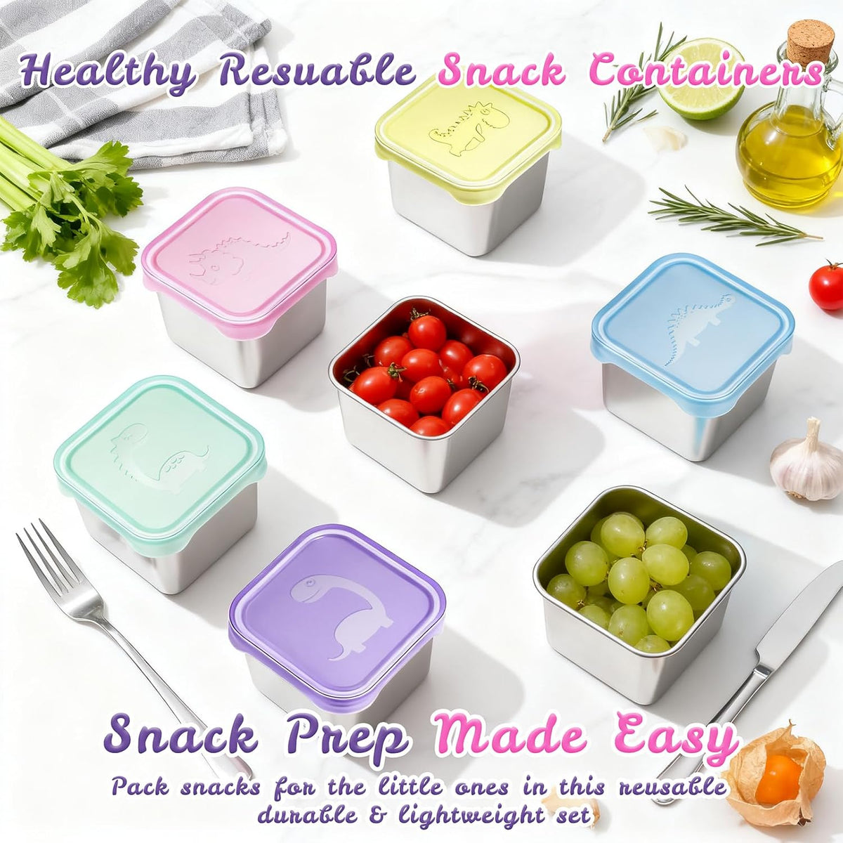 8oz Small (1 CUP) Stainless Steel Snack Containers for Kids | Reusable Easy Open Toddler Snack Containers with Silicone Lids | Stackable Toddler Lunch Box for Daycare, School and Travel