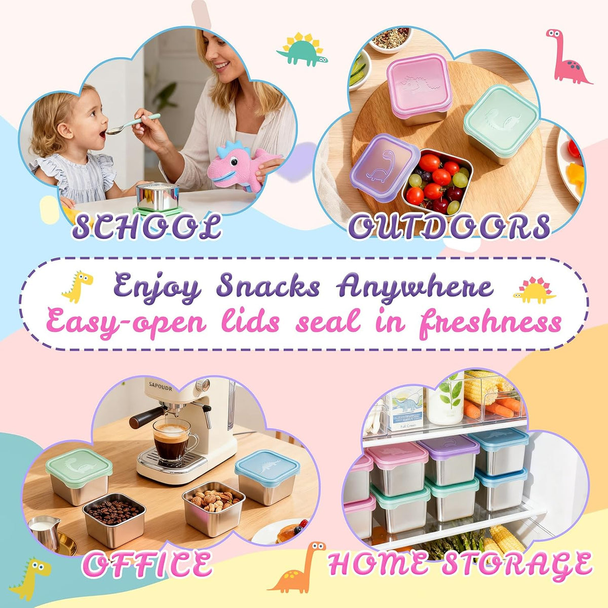 8oz Small (1 CUP) Stainless Steel Snack Containers for Kids | Reusable Easy Open Toddler Snack Containers with Silicone Lids | Stackable Toddler Lunch Box for Daycare, School and Travel