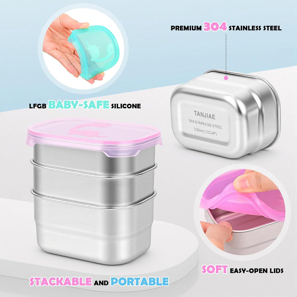 8oz Small (1 CUP) Stainless Steel Snack Containers for Kids | Reusable Easy Open Toddler Snack Containers with Silicone Lids | Stackable Toddler Lunch Box for Daycare, School and Travel