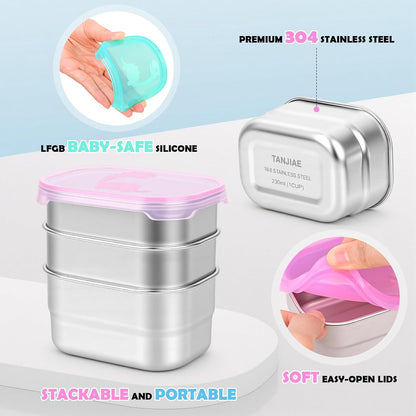 8oz Small (1 CUP) Stainless Steel Snack Containers for Kids | Reusable Easy Open Toddler Snack Containers with Silicone Lids | Stackable Toddler Lunch Box for Daycare, School and Travel