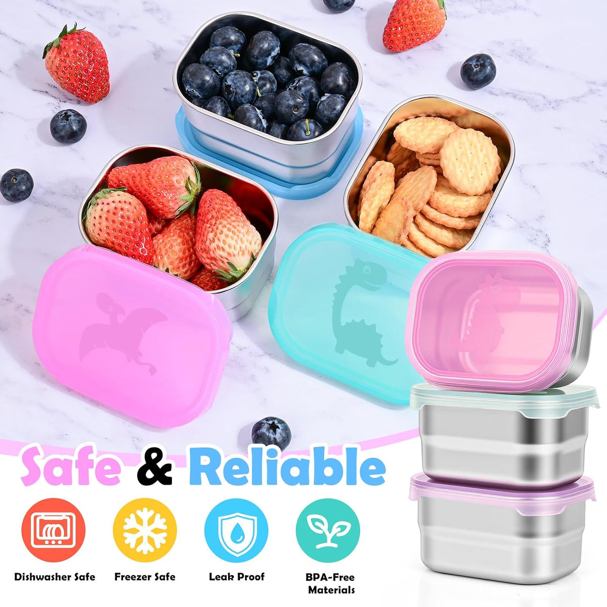 8oz Small (1 CUP) Stainless Steel Snack Containers for Kids | Reusable Easy Open Toddler Snack Containers with Silicone Lids | Stackable Toddler Lunch Box for Daycare, School and Travel