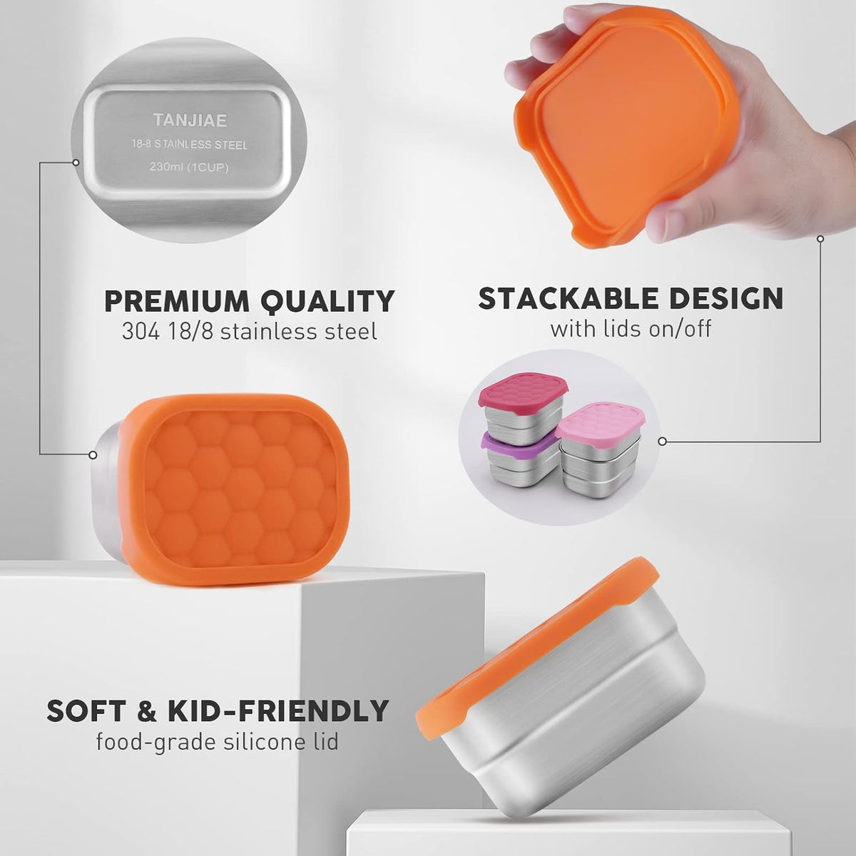8oz Small (1 CUP) Stainless Steel Snack Containers for Kids | Reusable Easy Open Toddler Snack Containers with Silicone Lids | Stackable Toddler Lunch Box for Daycare, School and Travel