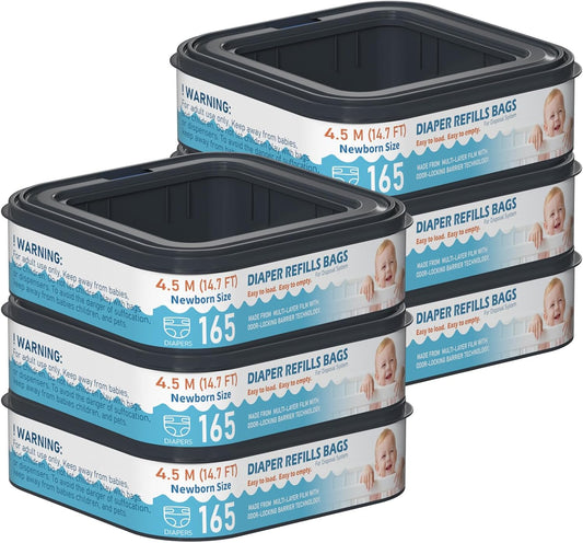 Square Starter Refills Disposal Bags Refill Compatible with Diaper Genie Classic, Compact and Select Pails, Hold Up to 165 Newborn-Sized Diapers Per Refill, 6 Pack