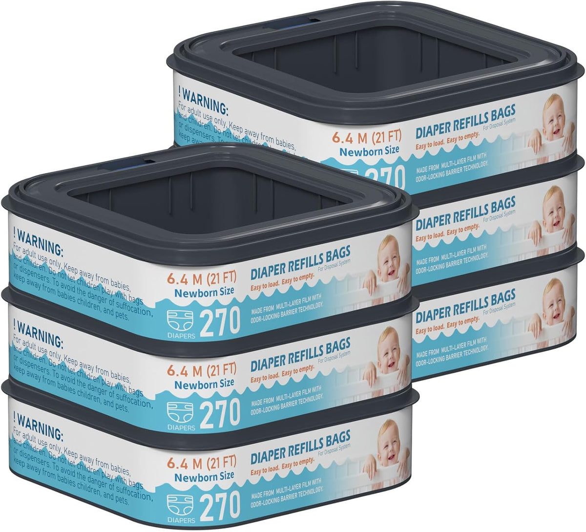 Square Starter Refills Disposal Bags Refill Compatible with Diaper Genie Classic, Compact and Select Pails, Hold Up to 165 Newborn-Sized Diapers Per Refill, 6 Pack